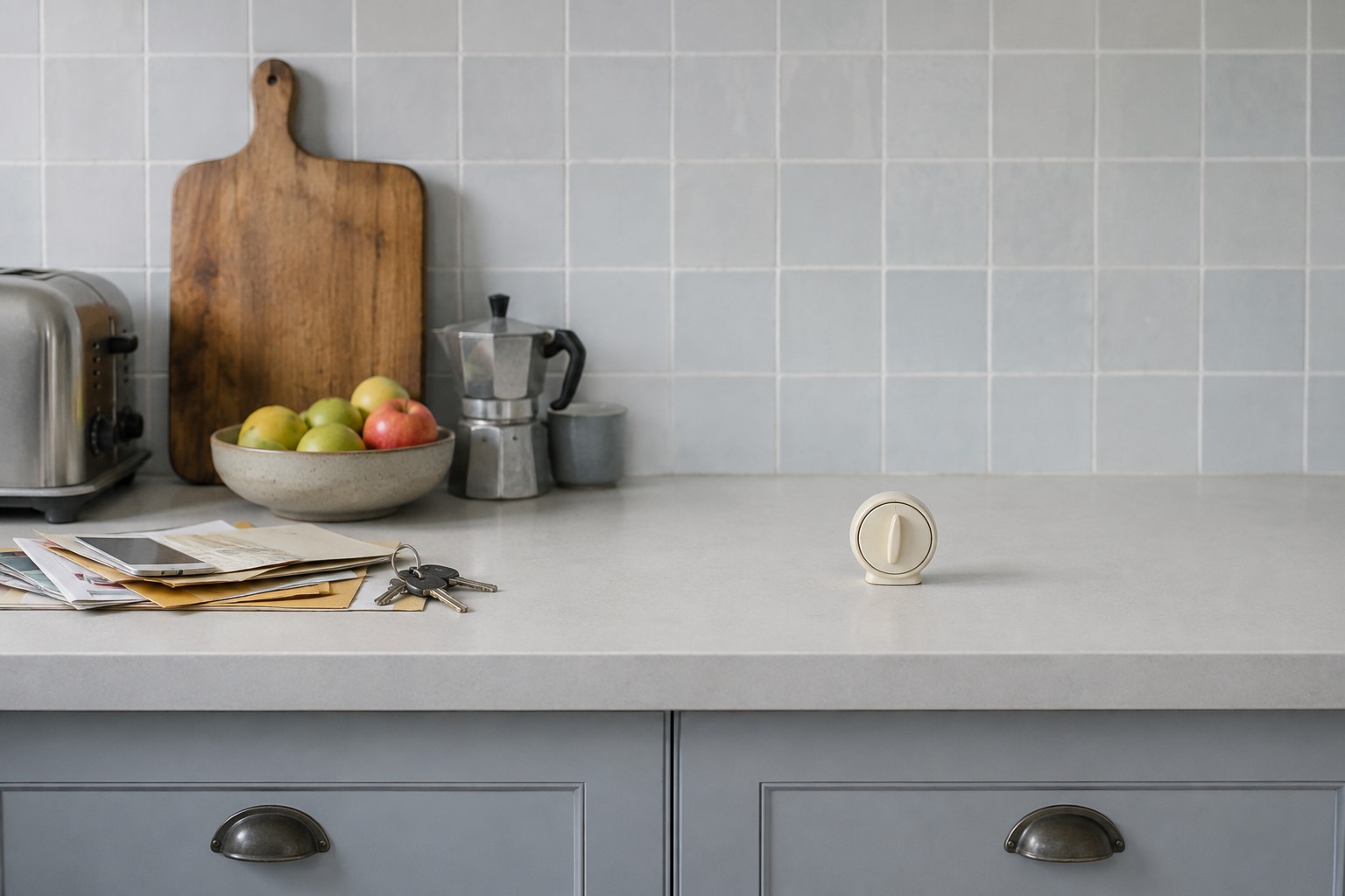 A kitchen counter half covered with mail, keys and a fruit bowl, the other half wiped clear with a small analogue timer standing on it