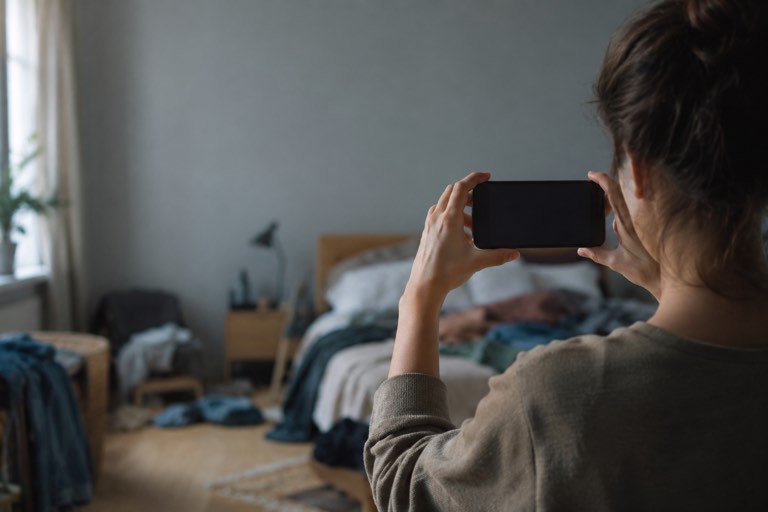 A person seen from behind holding up a phone to photograph a messy bedroom with clothes across the bed and floor