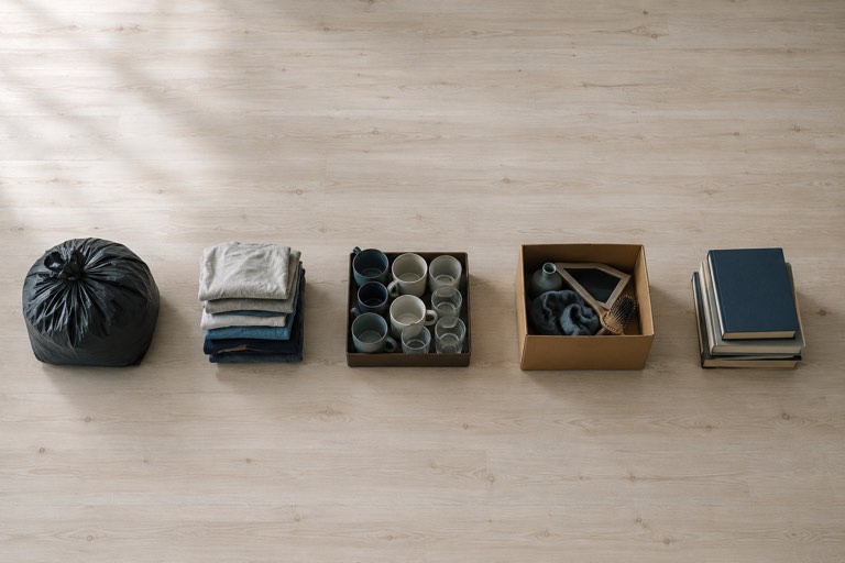 Five sorted groups in a row on a pale wooden floor: a tied trash bag, folded laundry, a box of mugs and glasses, a box of stray items, and a stack of books