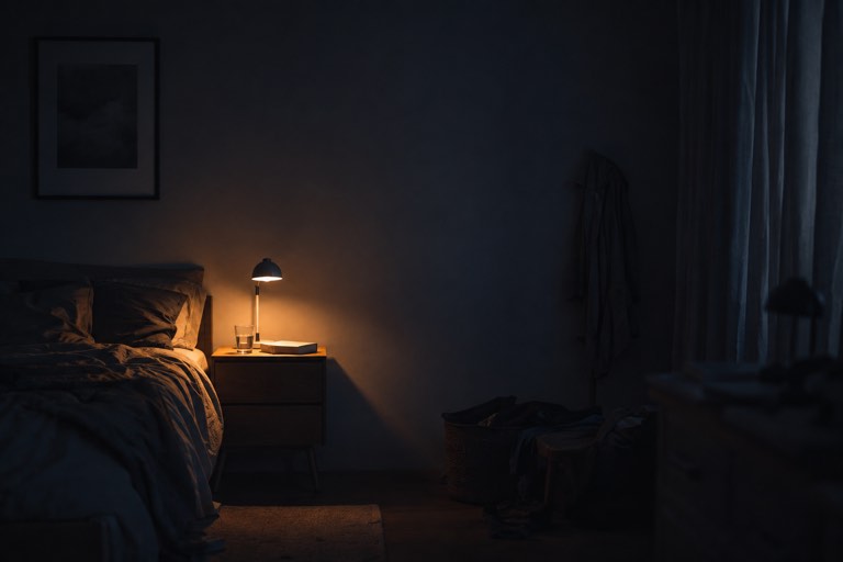 A dark bedroom at night lit only by a small lamp over a cleared nightstand holding a glass of water and a book