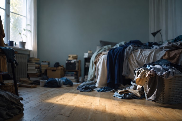 A cluttered bedroom in morning light with clothes covering the bed and floor and an overflowing laundry basket, one strip of bare wooden floor catching the sun