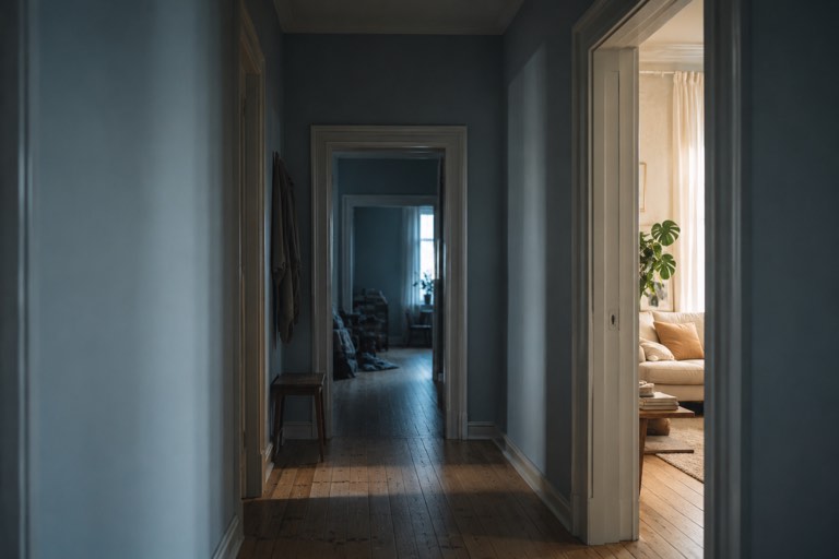 A dim blue hallway with two doorways, the nearer room on the right bright with daylight and tidy, the far room in shadow