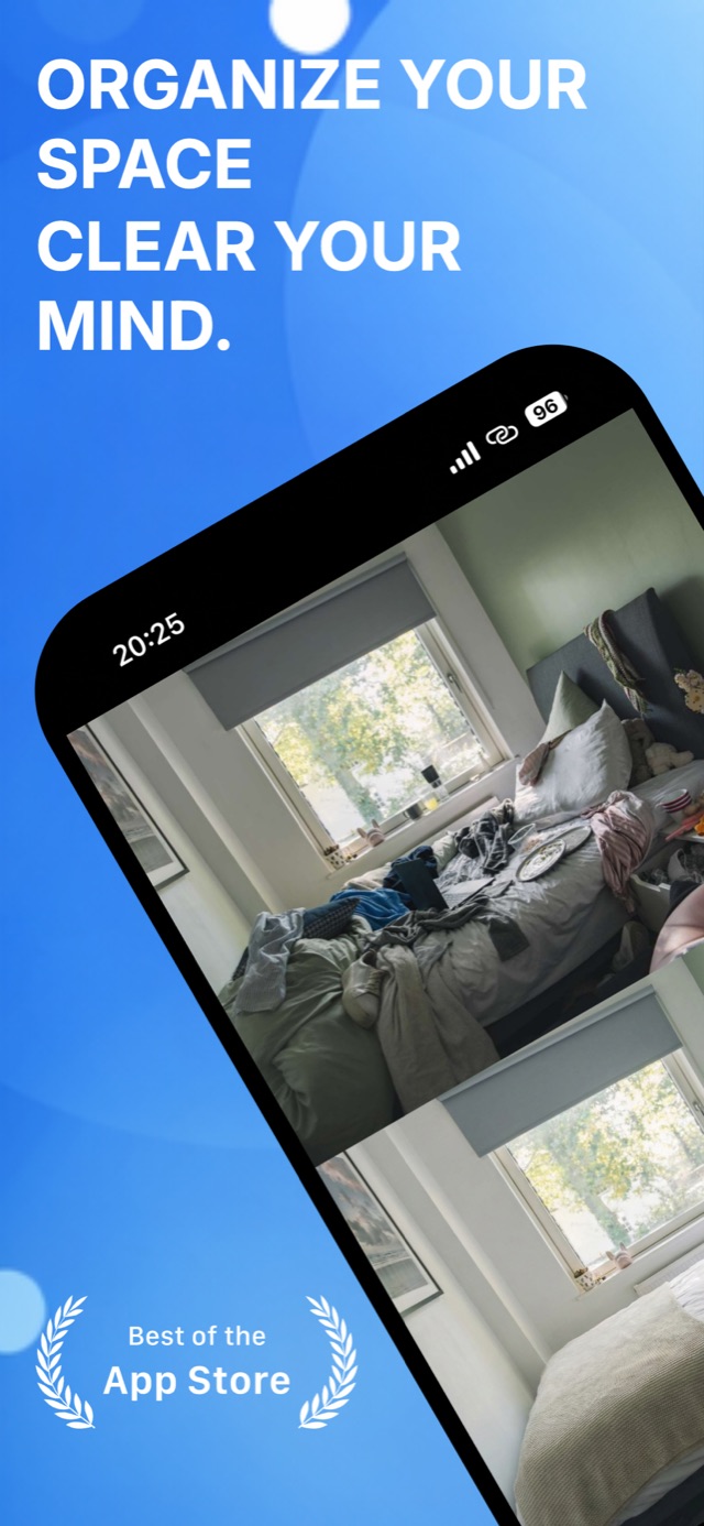 Declutter app showing a bedroom before and after cleaning, clothes piled on the bed above and a made bed below