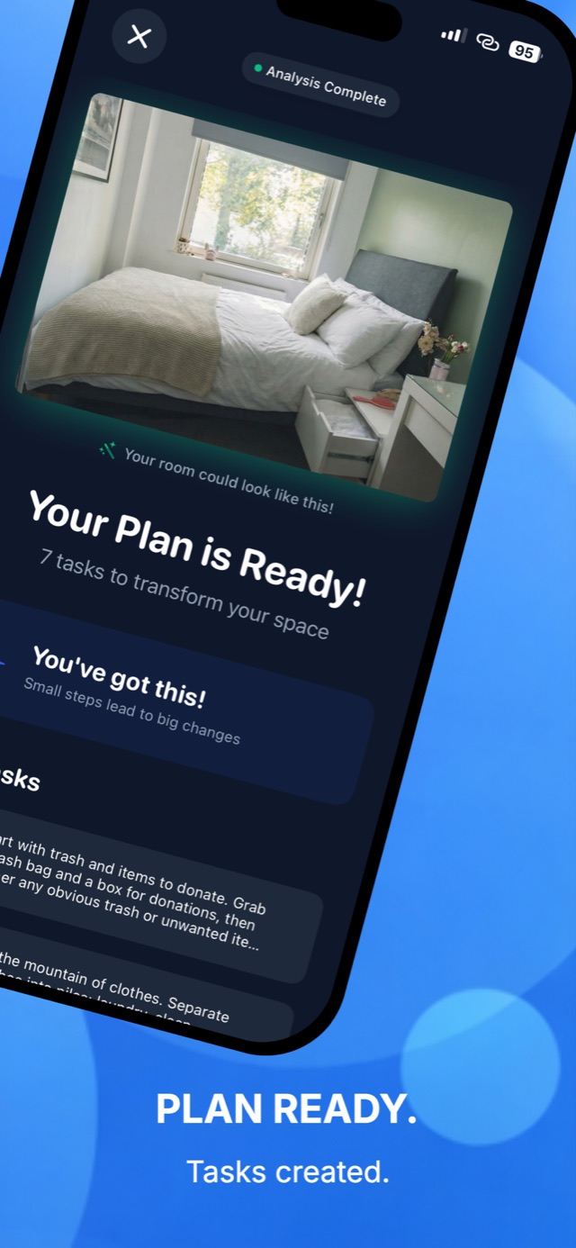 AI cleaning plan with seven generated tasks and a preview of how the bedroom will look once finished