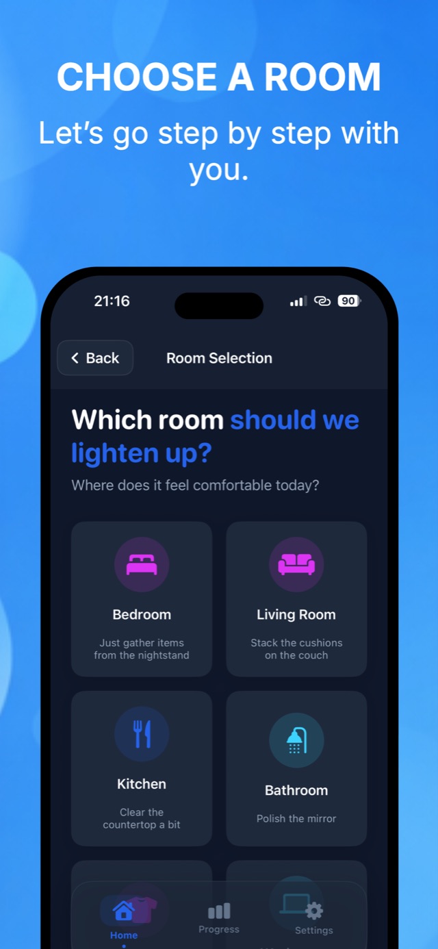 Room selection screen in the Declutter cleaning app with bedroom, living room, kitchen and bathroom cards