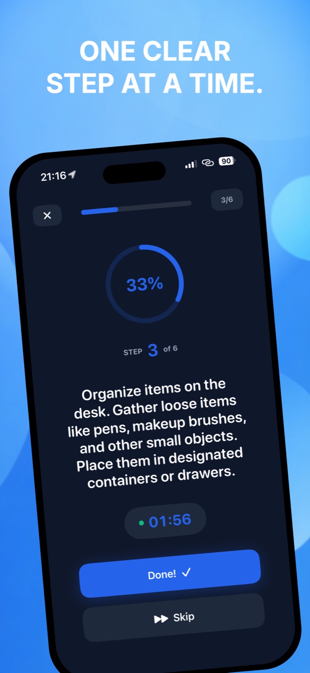 Task player showing step 3 of 6 at 33 percent with a one minute 56 second timer and a Done button