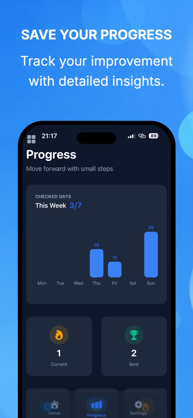 Progress screen with a weekly bar chart of checked days and a current cleaning streak counter